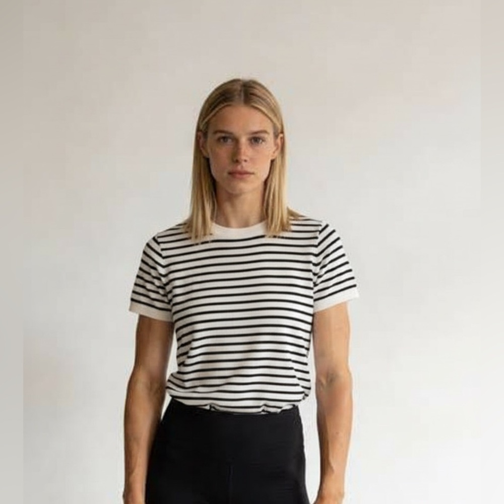 Black & White Striped Sweater With Braided Detail Crewneck Knit Cotton